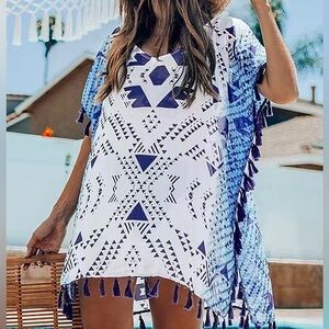 BRAND NEW with Tags Geometric Print Tassel Trim Cover Up